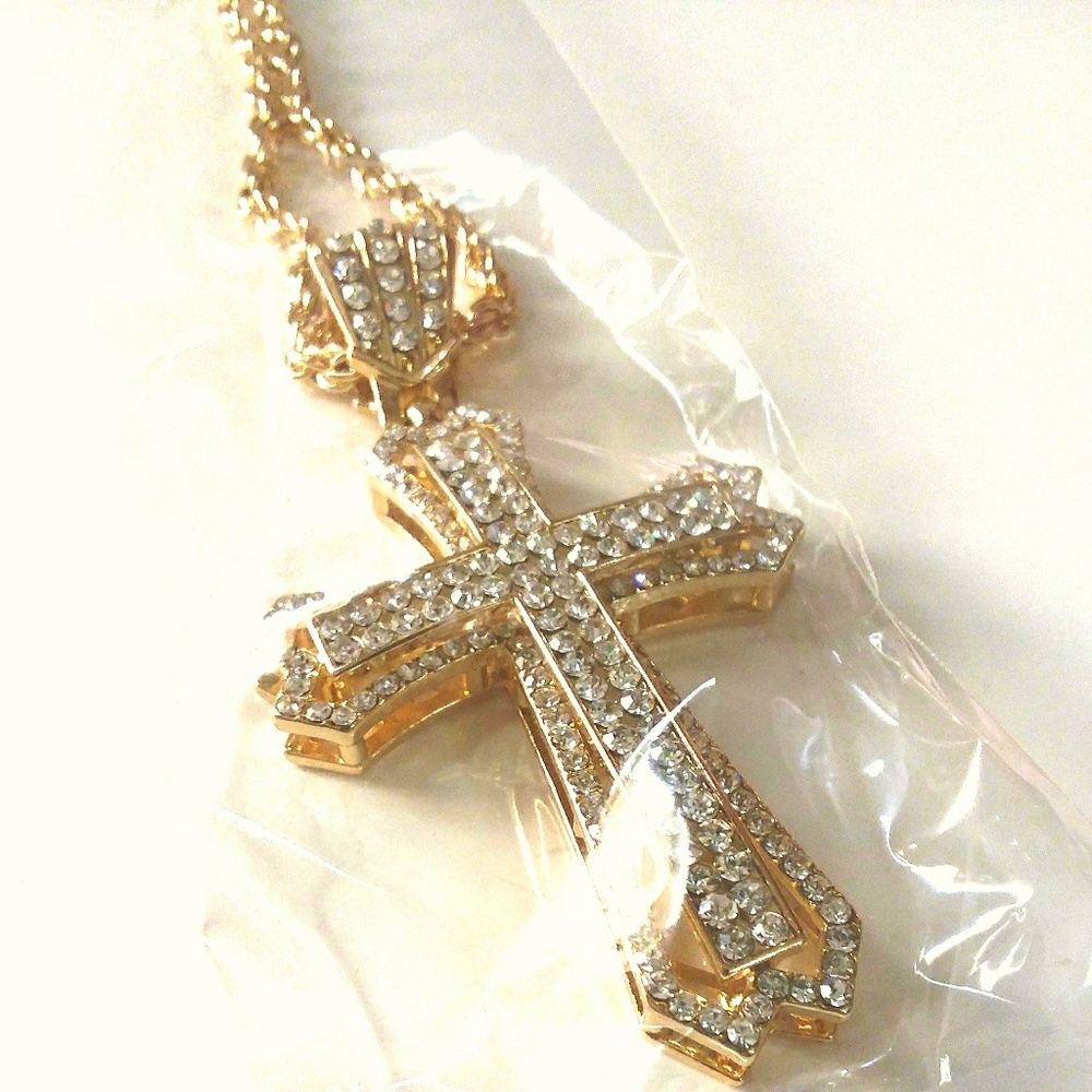 Iced Out Gold Faux Diamond Cross & Necklace